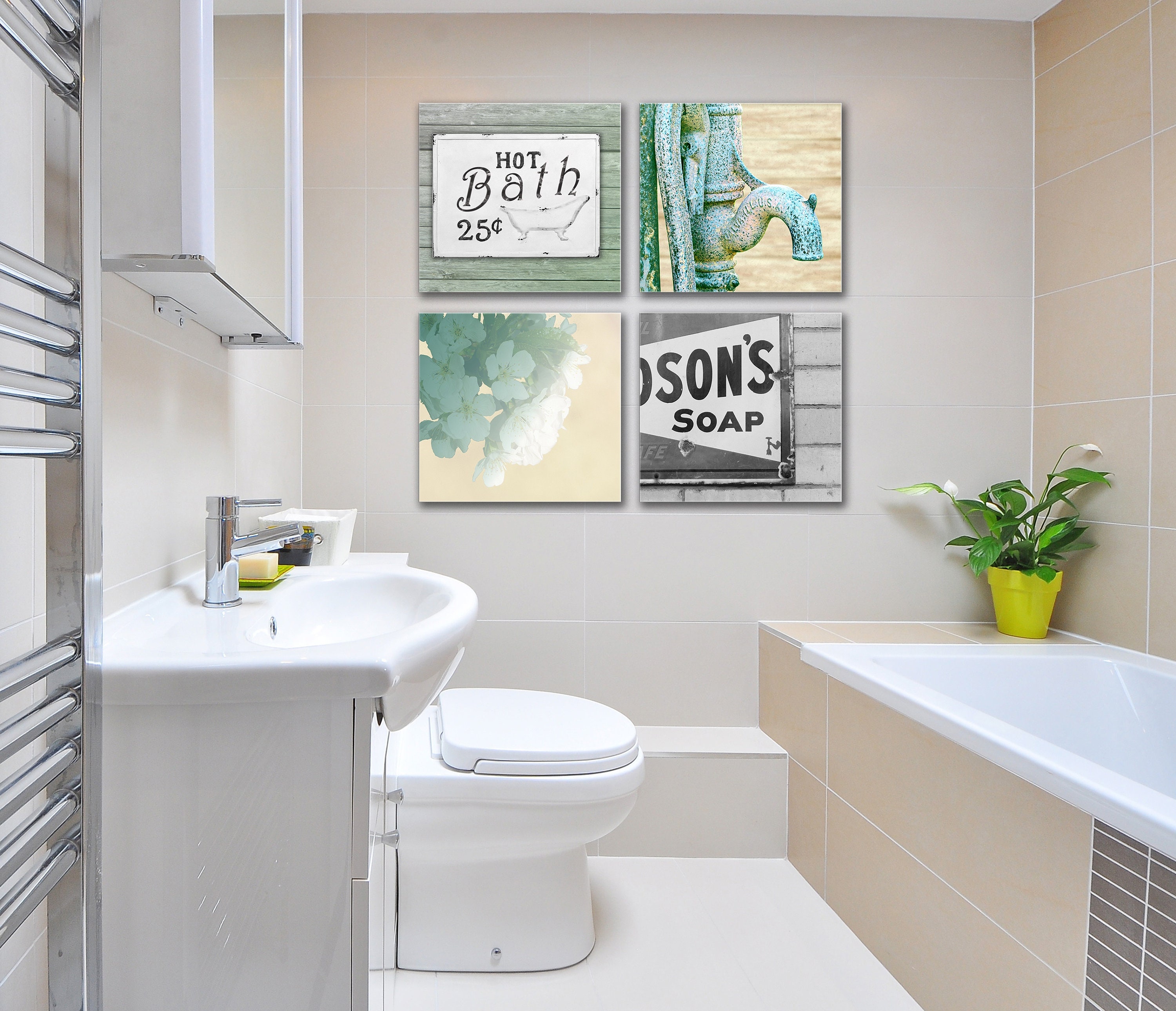 Bathroom Decor Set of 4 Stretched Canvas Prints Home Etsy UK