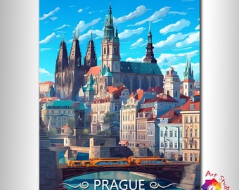 Prague Print Birthday Present, VINTAGE Poster, Gothic Architecture, Wedding GIFT Travel Print, River Vltava Czech Poster, Large Art Print