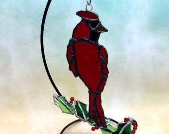 Stained Glass Cardinal with Holly