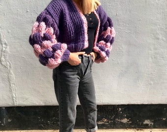 Handmade Chunky Knit 100% Merino Wool Oversized Big Cropped Cardigan with Bubble Sleeves (made to order)