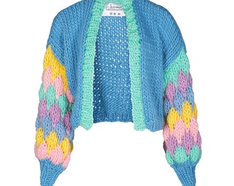 Handmade Chunky Knit 100% Merino Wool  Bubble Sleeve Cardigan