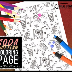Soda Pattern, Digital Coloring Page, Home Printable, All-ages Coloring, Cold Drinks, Summer, Seamless Background, Instant Download, Line Art