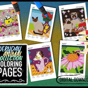 Everyday Animal Collection Color by Number, Coloring Page, Home Printable, Bundle of 5, All-ages, Interactive Puzzle, Including Swatch Chart