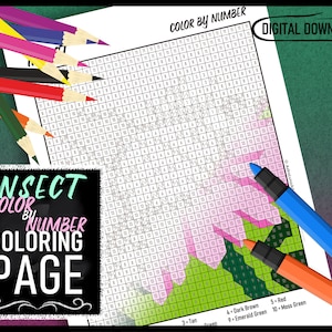 Insecte à colorier par numéro, page à colorier numérique, imprimable, coloriage pour tous les âges, puzzle interactif, avec nuancier, téléchargement immédiat