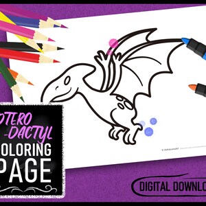 Pterodactyl Digital Coloring Page, Printable, Kids & Toddler Coloring, Dinosaur, Instant Download, Line Art, Cartoon Animal