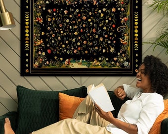 Cottagecore Wall Tapestries, Vintage Botanical Tapestry Style, Indoor Decor, Black Background, Home Wall Art, Nature Lover Gift