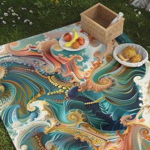 Whimsical Ocean Wave Fractal Picnic Blanket for Outdoor Adventures, Boho Picnic Mat, Festival Blanket, Camping Gear, Beach Blanket