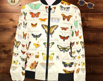 Women's Butterfly Bomber Jacket, Cottagecore, Botanicals, Gift for Her, AOP Jacket