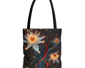 Neuron Flower draagtas, bloemen botanische herbruikbare boodschappentas, grillige zwarte achtergrond, cadeau leraar wetenschap,