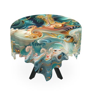 May include: A round tablecloth featuring an abstract design in shades of teal, gold, and peach. The pattern resembles swirling waves and organic shapes. The tablecloth is draped over a black, three-legged table.