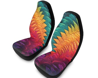 Boho Rainbow Car Seat Covers - Bold, Fractal  Automotive Accessories for Travel, Road Trips, Beach Days, Gift Ideas