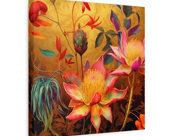 Canvas Print, Exotic Whimsical Blossoms on Gold Wall Art, Lush Detailed Fantasy Style, Eccentric Decor, Stretched Matte Artwork, 1 25"