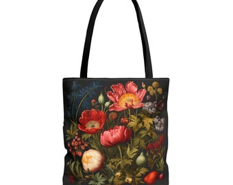 Vintage Botanicals on Black Cottagecore Tote Bag (AOP)