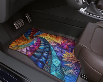 Car Floor Mats, Quilted Rainbow Design, Fractal Pattern, Vibrant Car Accessories, Unique Gift for Car Lovers, Vehicle Protection