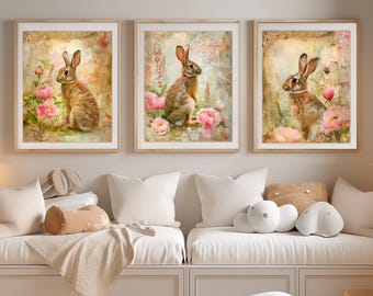 Vintage Floral Bunny Portraits | Baby Room Prints | Kids Room Digital Art – No Personalization