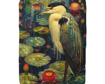Sherpa Blanket, Great Blue Heron Cozy Throw, Soft Fleece Bedding, Pond Night Scene, Bird Lover Gift, Home Decor Accent
