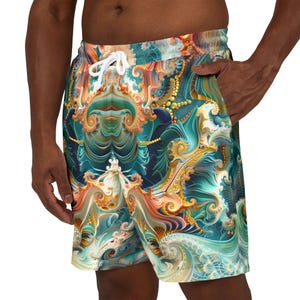 Fractal blauwgroen zwemshort, kleurrijk ontwerp zomerstrandkleding, levendige unisex boardshort, heren dames zwembroek, badmode voor zwembadfeesten