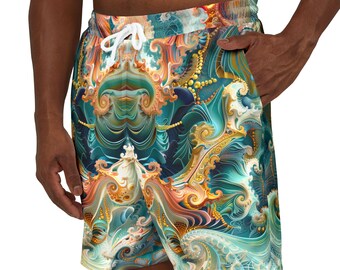 Fractal Teal Swim Shorts, Colorful Design Summer Beachwear, Vibrant Unisex Board Shorts, Men Women Swim Trunks, Pool Party Swimwear