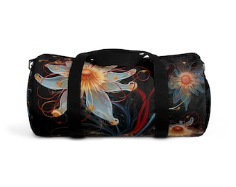 Duffle Bag, Wild Neuron Fantasy Flowers on Black Background - Floral Gym Bag, Travel Tote, Weekend Overnight Bag, Workout Duffel, Yoga Bag
