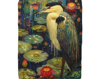 Great Blue Heron, Night Heron, Cottagecore Sherpa Fleece Blanket