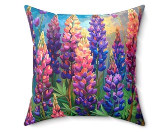 Floral Square Pillow, Lupine Blossom Artwork, Home Decor Accent, Sofa Throw Cushion, Gift for Nature Lovers, Mother's Day Present