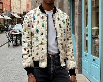 Colorful Beetle Botanical Print Mens Bomber Jacket, Unique Outdoor Wear, Trendy Statement Piece, Perfect for Gift, Stylish Layering