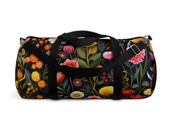 Vintage Wildflower Botanicals on Black Cottagecore Duffel Bag