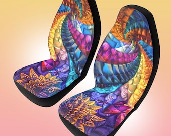 Car Seat Covers, Quilted Rainbow Design, Fractal Pattern, Vibrant Polyester Car Accessories, Colorful Auto Interior Decor, Unique Auto Gift,