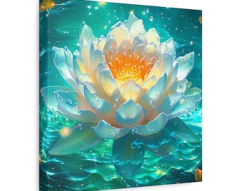 Canvas Wrap, Lotus Blossom Painting- Turquoise Waters, Wall Decor, Home Art, Floral Artwork, Botanical Print