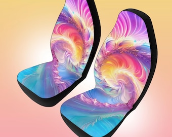 Rainbow Swirl Car Seat Covers- Pink & Blue Fractal Feather Design, Barbiecore Aesthetic Car Interior, Set of 2 Universal Fit Covers