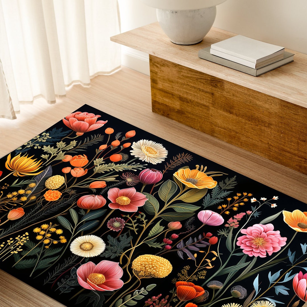 Wildflower Botanicals Poppies Cottagecore Area Rugs Etsy