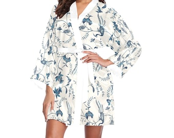 Women's Kimono, Blue & White, Cottagecore, Grandmillenial, Boho, Long Sleeved Robe