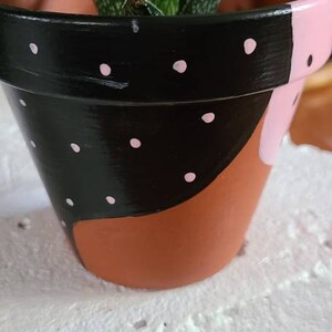 Op de afbeelding: Een terracotta pot met een abstract ontwerp in zwart en bruin. De pot is versierd met roze stippen en heeft een vetplant erin.