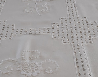 Vintage Handmade embroidery Large White soft cotton tablecloth , Retro tablecloth , rectangle tablecloth, classic tablecloth (F-9)