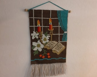Tapiz bordado en punto de cruz con diseño floral vintage, bordado a mano, estilo escandinavo, para colgar en la pared, con velas y flores (F-4)
