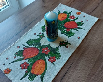 Vintage flores impresas a mano madera de arpillera mantel , decoración de mesa escandinava, calentamiento floral vintage cocina , diseño vintage (F8)