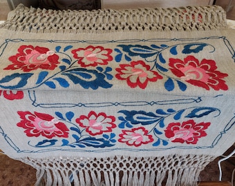 アンティーク スウェーデン ユーゲント ロング ハンド刺繍花柄リネン テーブルランナー、ロング リネン テーブル トッパー、リネン ドレッサー スカーフ、秋用テーブルランナー (F2)