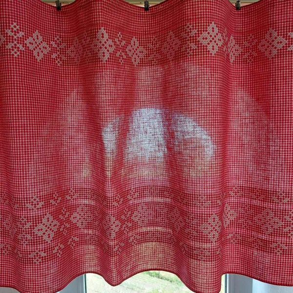 Vintage woven cotton valance curtain , vintage cafe curtain , Red white colors cafe curtain , Vintage Home textile (F6)