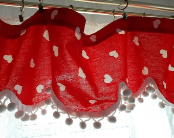 Vintage Hearts Printed Re colores blancos Cortina de tela de algodón valance, Cortina de valance encantadora, valance de cocina, valance rojo, corazones (F-7)