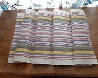 Vintage tejido lino rayas arco iris corredor de mesa, ropa de cama vintage, ropa de mesa, lino de mesa, textiles de lino de apósito de mesa (F-3)