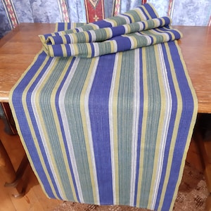 Unused Vintage woven Linen Scandinavian table runner, Striped greed yellow blue white table runner, linen table runner, table linens (F-7)