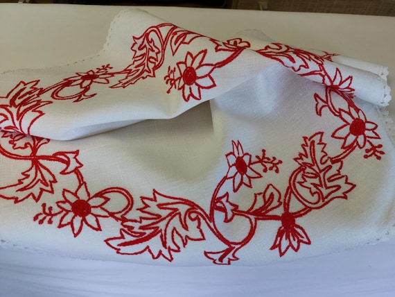 Round Hand embroidered vintage Scandinavian small tablecloth - table mat , retro white red floral kitchen table topper (F5)