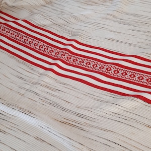 Large Acrylic Woven White red Scandinavian folk vintage tablecloth Quality tablecloth Stunning tablecloth retro tablecloth country (F-3)