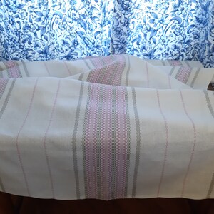 Vintage Woven linen White pink striped tablecloth , rectangle tablecloth , retro tablecloth, tablecloth vintage , textiles vintage (F-6)