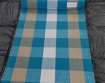 Scandinavian vintage thick cotton table runner, table topper, table dressing, light blue light brown white squares table dress (F2)