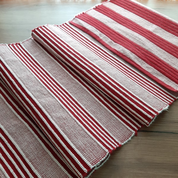 Vintage woven Thick cotton red white striped table runner, table topper, table dressing , table decor (F-8)