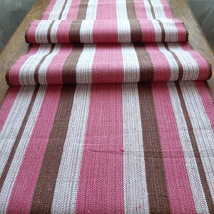Vintage geweven linnen gestreept roze witbruine tafelloper, tafeltopper, tafelkleden, tafellinnen, vintage linnengoed (F-8)