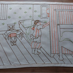 May include: Embroidered wall hanging depicting a girl in a room with a bed, a chair, and a window. The girl is wearing a red and white dress and has her hair in braids. The room is decorated with green and brown flowers.