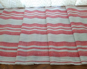 Woven Linen Vintage Table runner Striped red white Vintage linens Vintage table topper vintage tablecloth table linens retro linen (F-5)