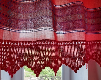Acrílico tejido vintage + bordes de algodón de ganchillo cortina de valencia ancha, cortina de café de corazones rojos, cenefa de dormitorio, cortina de cocina (F3)